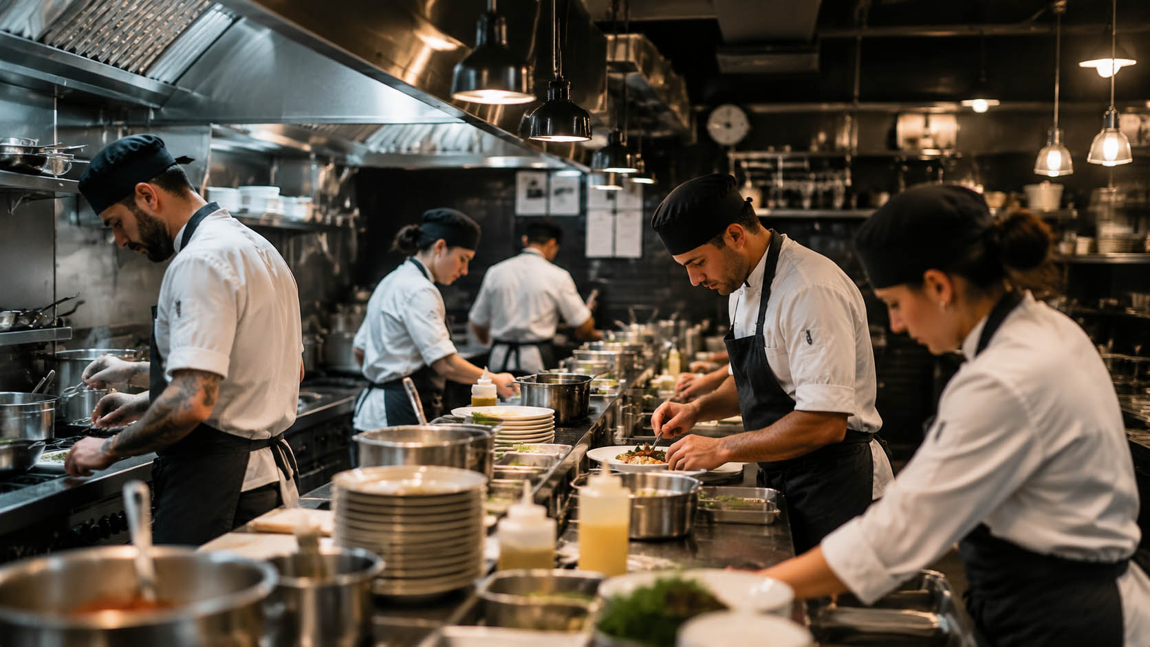 Brigata di cucina professionale al lavoro durante un intenso turno di servizio.