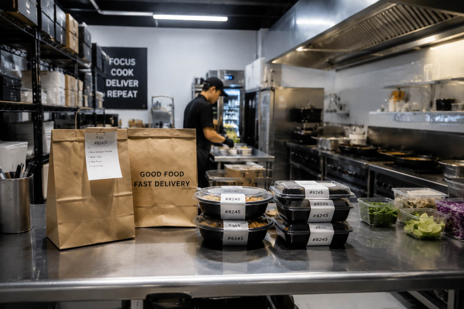 Cucina professionale dark kitchen con ordini delivery pronti per la consegna