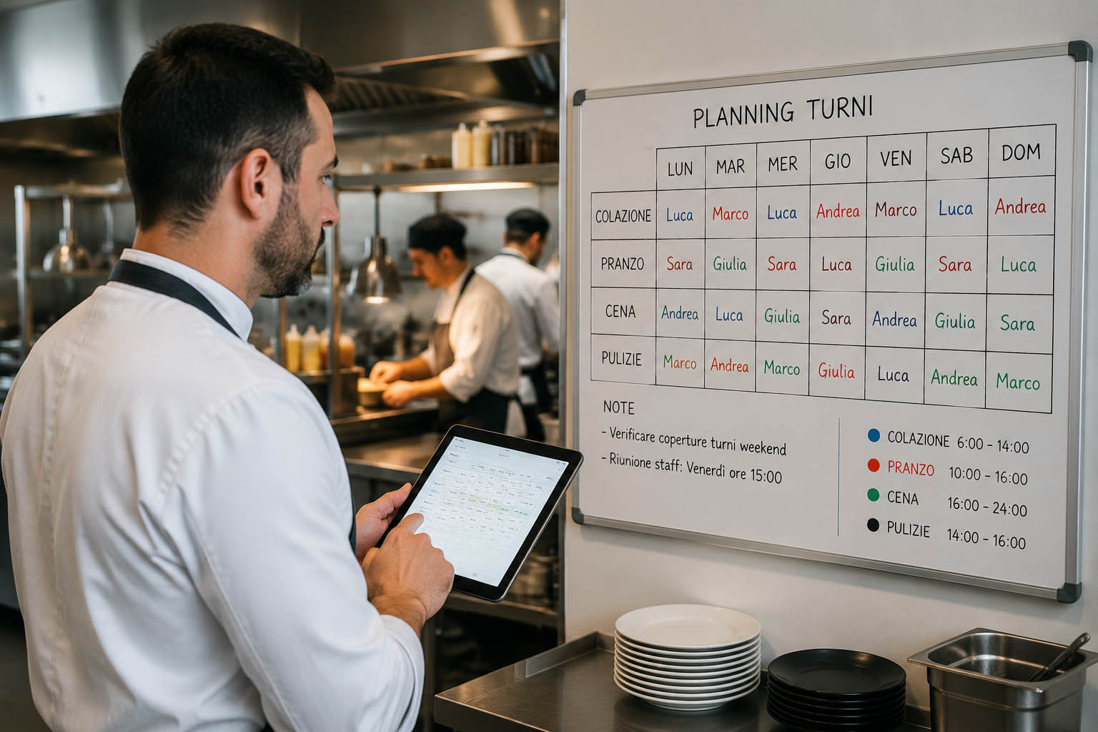 Chef consulta il planning dei turni di lavoro in cucina su tablet e lavagna.