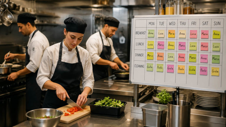 Infografica sui turni di lavoro in cucina, con cuochi al lavoro e una pianificazione settimanale dei turni, che illustra come organizzare il lavoro per ridurre stress e turnover