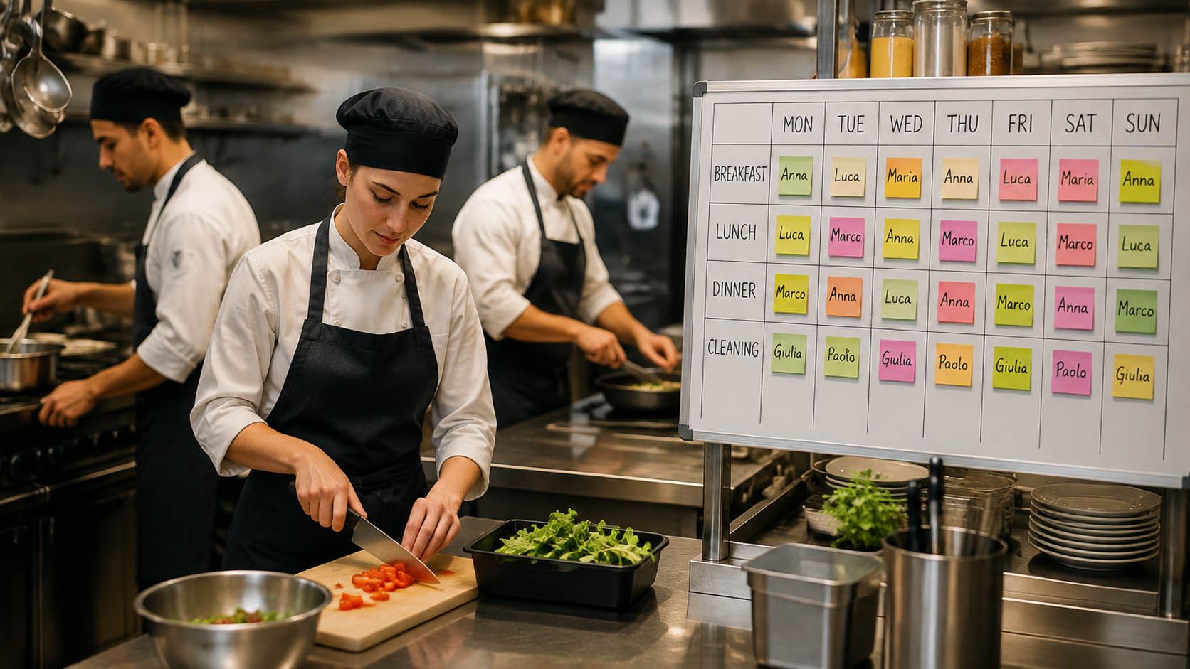 Infografica sui turni di lavoro in cucina, con cuochi al lavoro e una pianificazione settimanale dei turni, che illustra come organizzare il lavoro per ridurre stress e turnover