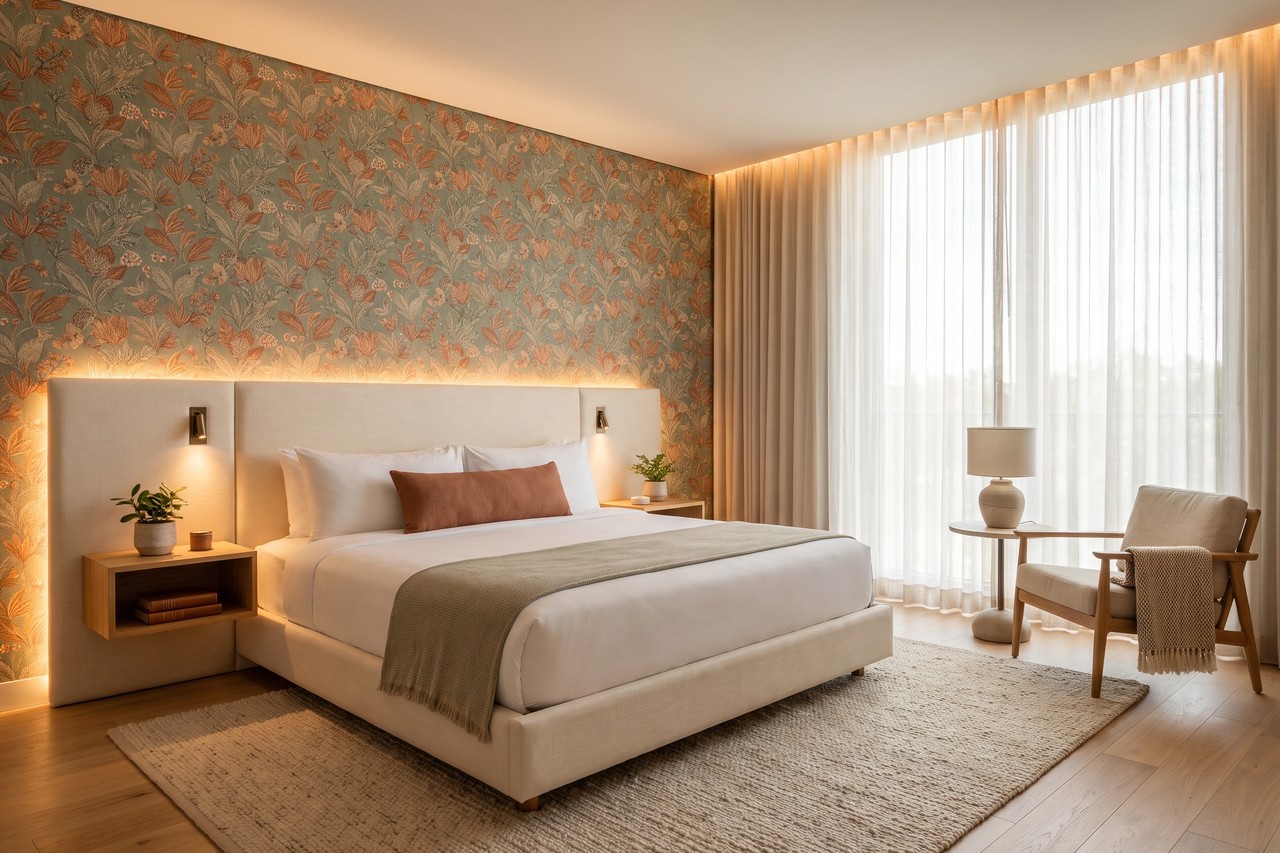 Camera di hotel elegante con parete decorata da carta da parati a motivi botanici nei toni del verde salvia e terracotta