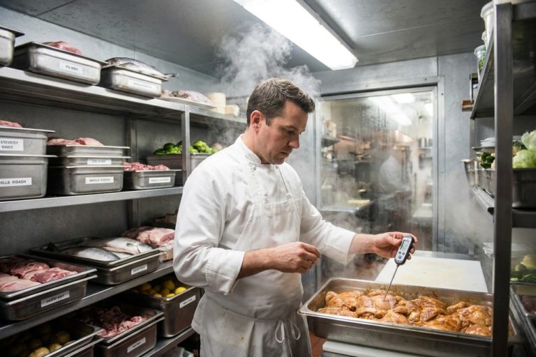 Chef controlla la temperatura degli alimenti in una cella frigorifera durante il servizio estivo