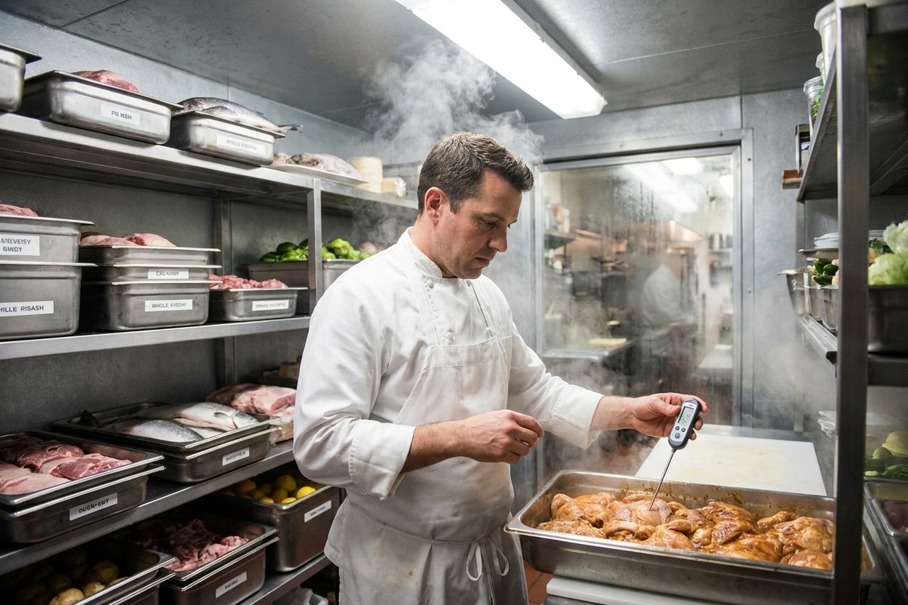 Chef controlla la temperatura degli alimenti in una cella frigorifera durante il servizio estivo