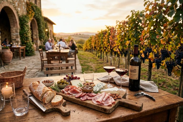 Tavolo apparecchiato su una terrazza tra i filari durante una cena a tema vendemmia in autunno