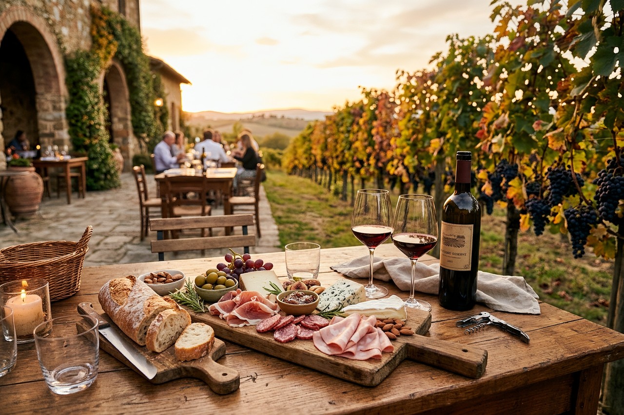 Tavolo apparecchiato su una terrazza tra i filari durante una cena a tema vendemmia in autunno