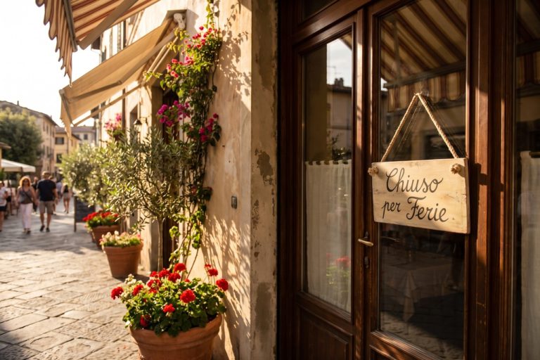 Cartello di chiusura per ferie estive appeso alla porta di un ristorante elegante