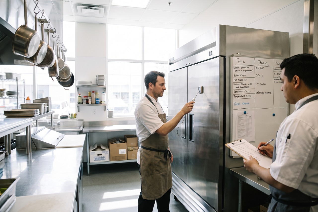 Chef controlla la temperatura del frigorifero in cucina durante la riapertura del ristorante