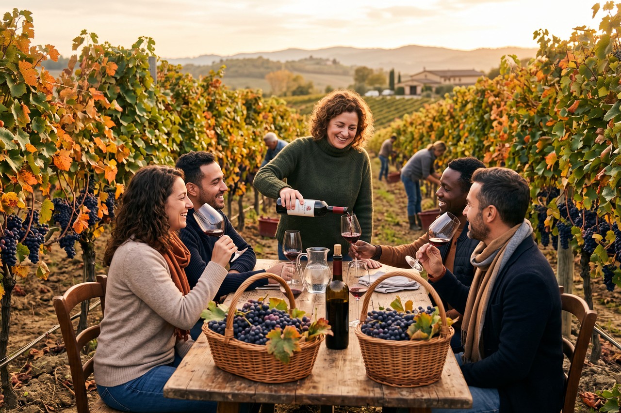 Ospiti che degustano vino tra i filari durante un evento di vendemmia organizzato da un ristorante
