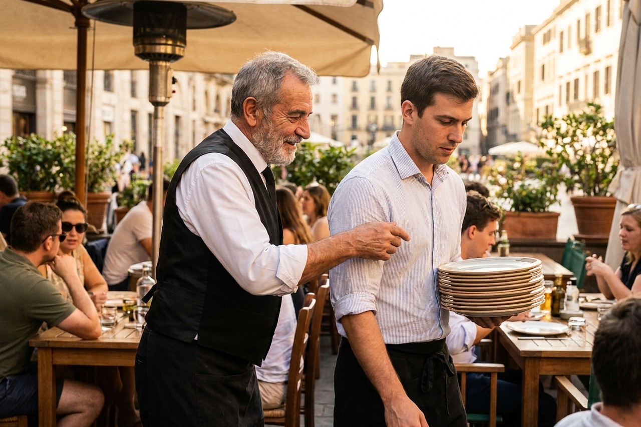 Cameriere stagionale in formazione affiancato da un collega esperto durante il servizio estivo in un ristorante