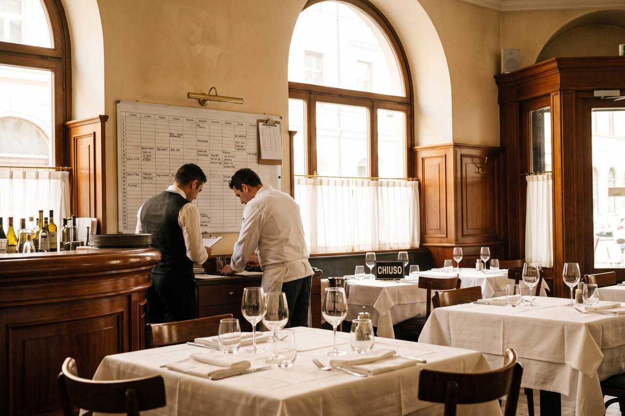 Staff di sala e cucina organizza la chiusura estiva del ristorante consultando il calendario