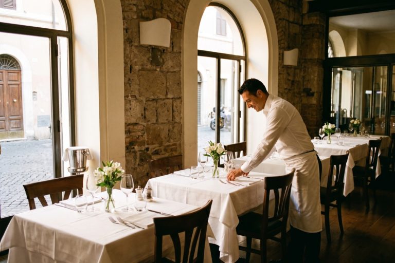 Sala di ristorante pronta per la riapertura dopo le ferie estive con tavoli apparecchiati