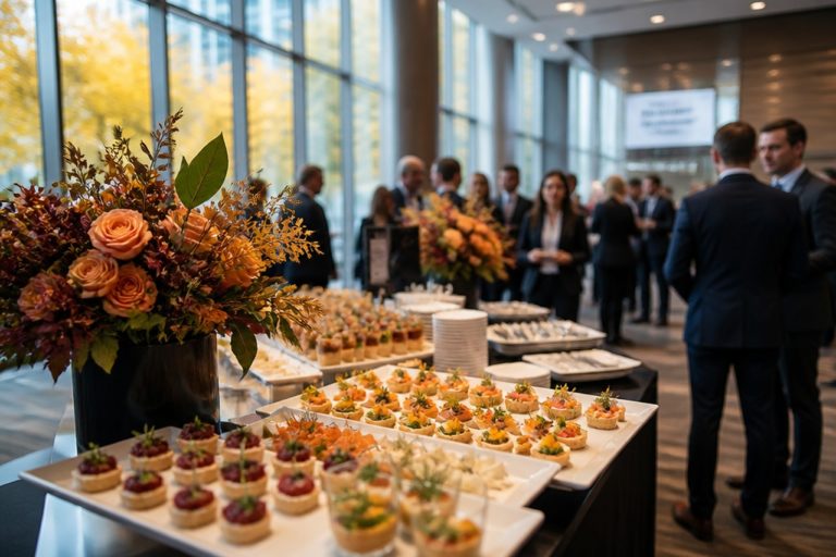 Buffet di catering per eventi aziendali allestito in una sala conferenze in autunno