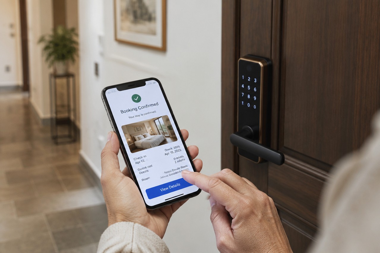 Ospite con smartphone davanti a una porta con serratura smart dopo il check-in digitale in hotel