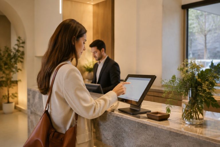 Reception di hotel con tablet per il check-in digitale dell'ospite