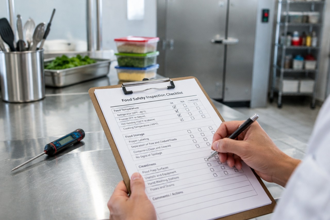 Checklist di controllo HACCP compilata in cucina con termometro digitale sul banco di lavoro