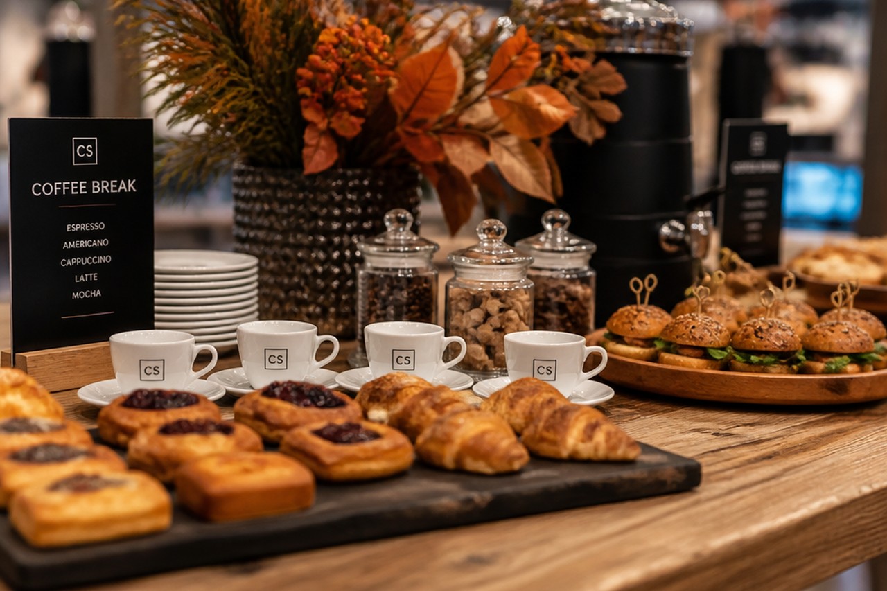 Postazione coffee break con pasticceria e panini per un evento aziendale autunnale