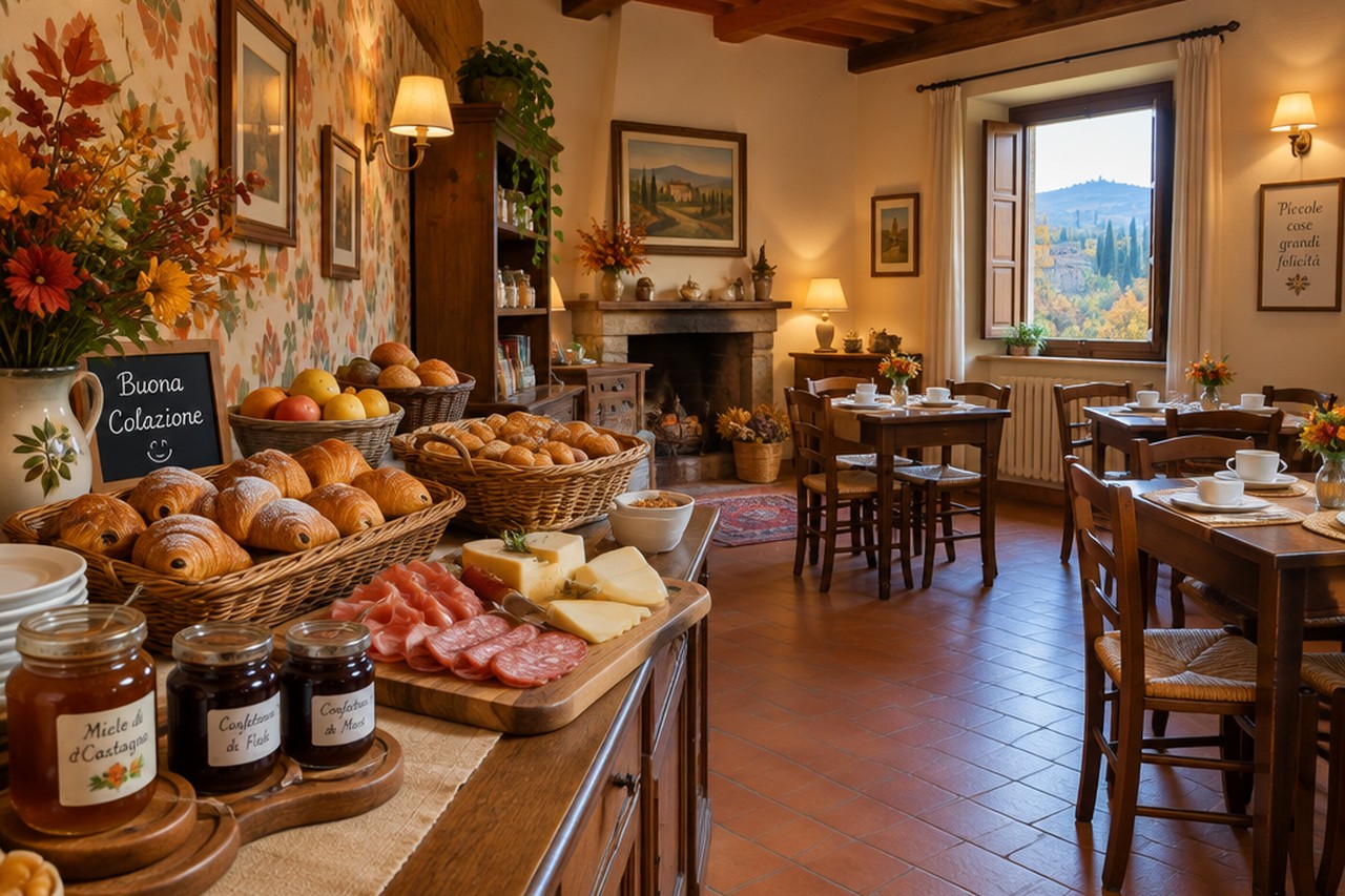 Buffet della colazione in un B&B toscano con prodotti locali, formaggi e dolci fatti in casa