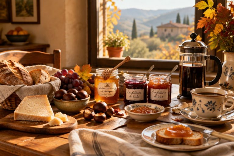 Tavola apparecchiata per la colazione in b&b in autunno con marmellate, miele di castagno, pane toscano e caffè