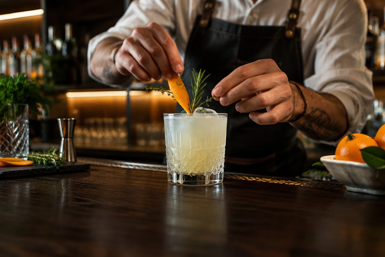 Barman che rifinisce con scorza d'arancia e erbe fresche un cocktail analcolico sul bancone di un bar