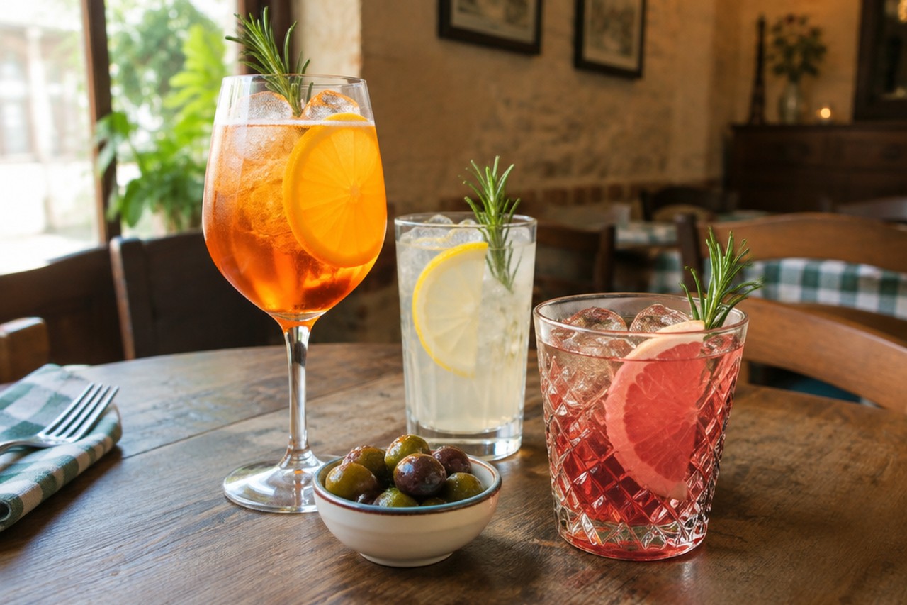 Tre drink analcolici colorati serviti all'aperitivo su un tavolo di un ristorante, con agrumi e rosmarino