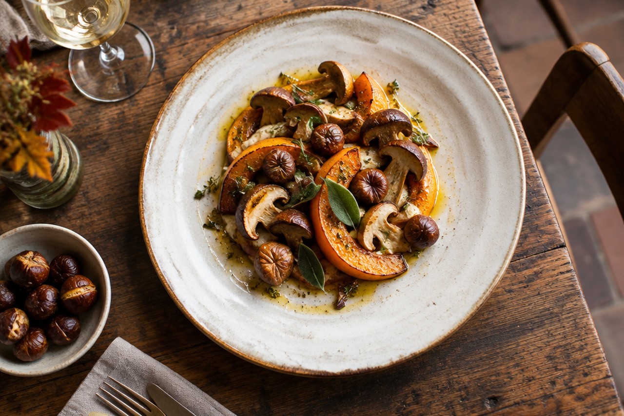 Piatto autunnale con zucca, funghi porcini e castagne servito in un ristorante che lavora con fornitori a filiera corta