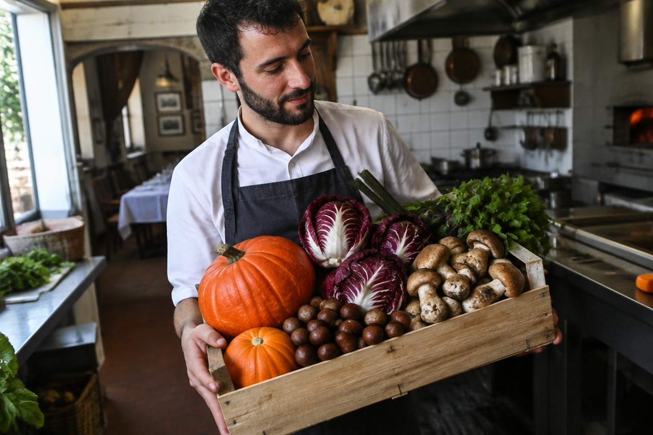 Cameriere mostra al tavolo la cassetta di verdure di stagione appena consegnata da un fornitore locale