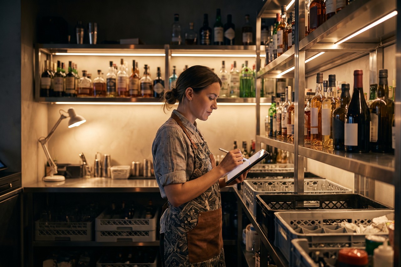 Barista controlla le scorte del bar con un tablet in un magazzino organizzato
