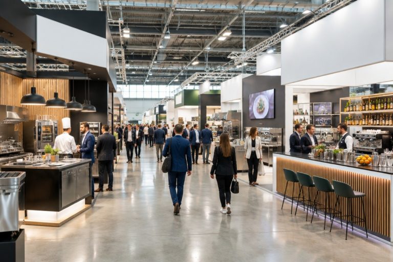 Corridoio di un padiglione fieristico con stand di attrezzature per bar e ristoranti e visitatori professionisti del settore Ho.Re.Ca.
