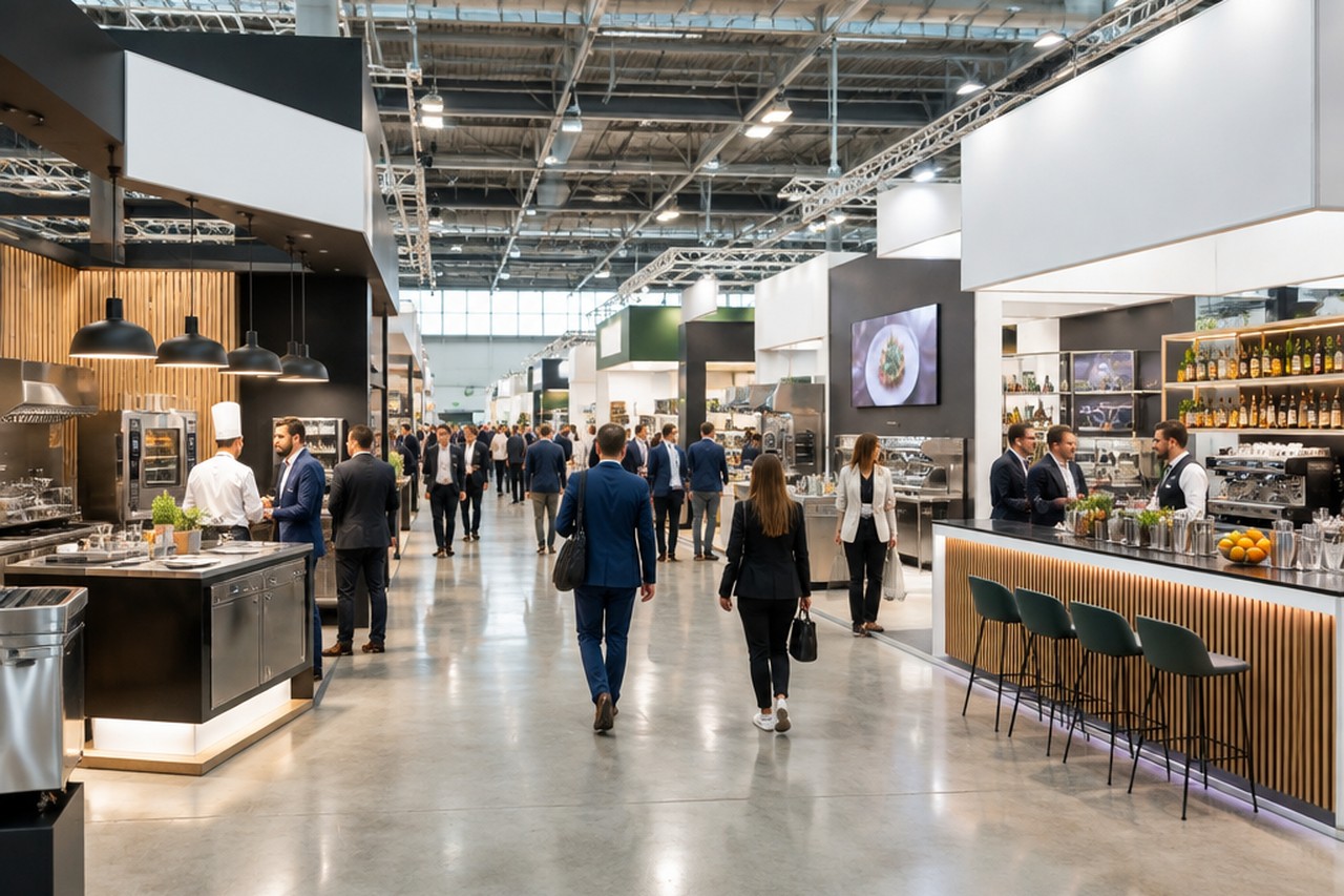 Corridoio di un padiglione fieristico con stand di attrezzature per bar e ristoranti e visitatori professionisti del settore Ho.Re.Ca.