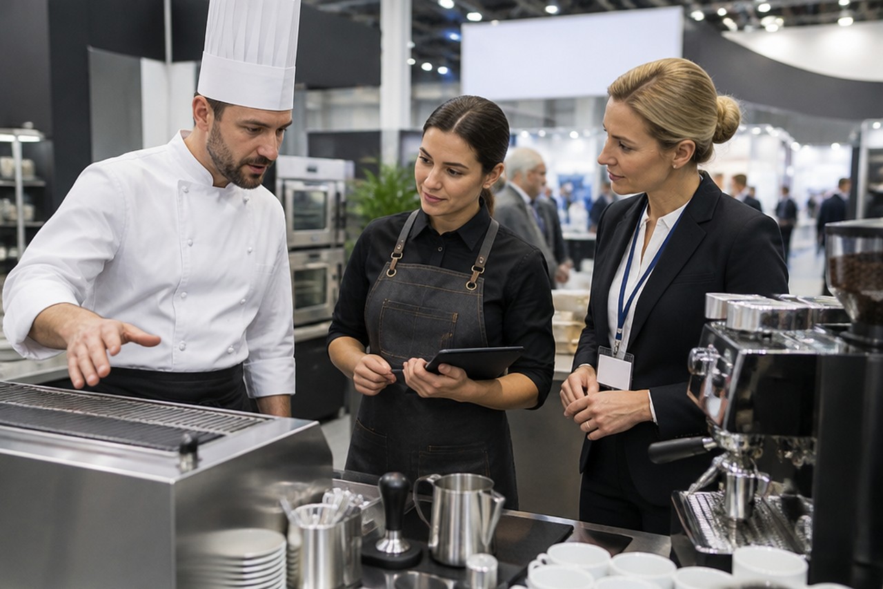Chef, barista e responsabile hotel confrontano attrezzature professionali a uno stand fieristico del settore Ho.Re.Ca.