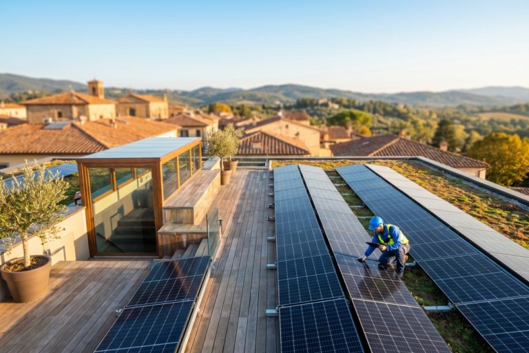 Tecnico ispeziona i pannelli fotovoltaici sul tetto di un hotel in autunno