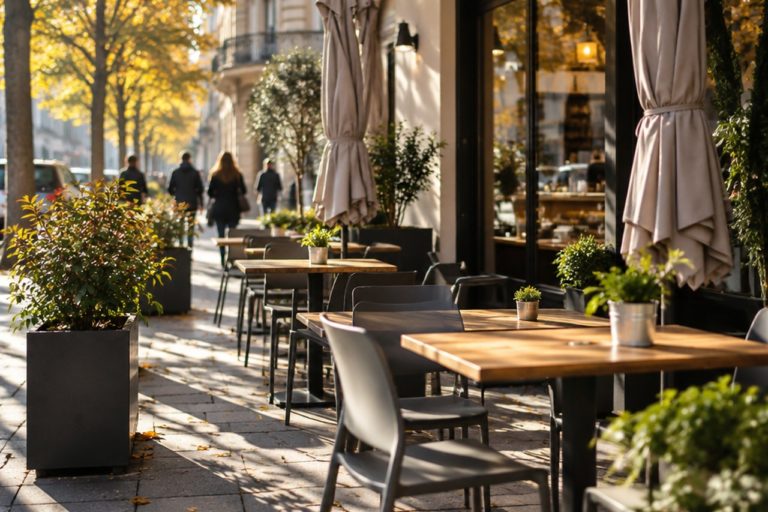Dehors di un bar con tavolini e sedie in legno su un marciapiede in una giornata autunnale