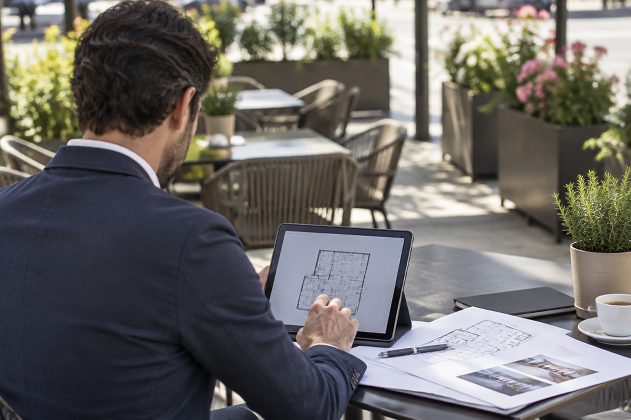 Titolare di un locale controlla planimetria e documenti del dehors su un tablet
