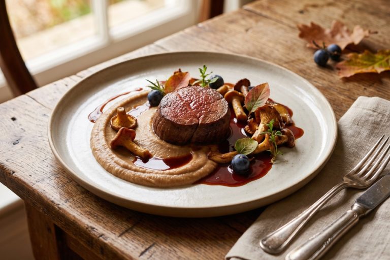 Piatto di selvaggina al ristorante con capriolo, purea di castagne e funghi in autunno