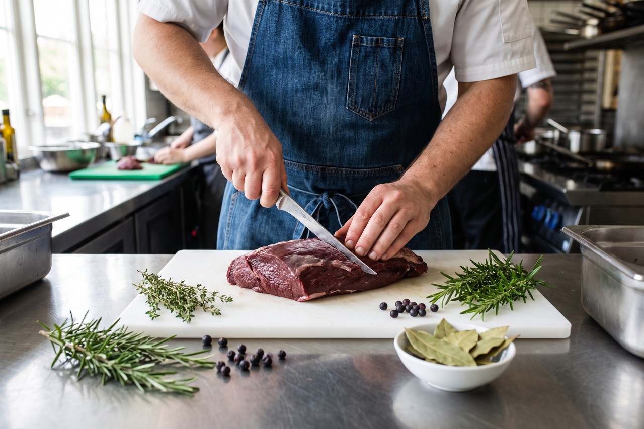 Chef prepara la carne di selvaggina al ristorante in cucina professionale