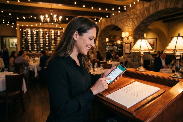 Maitre controlla le prenotazioni ricevute su WhatsApp Business dal podio d'ingresso di un ristorante