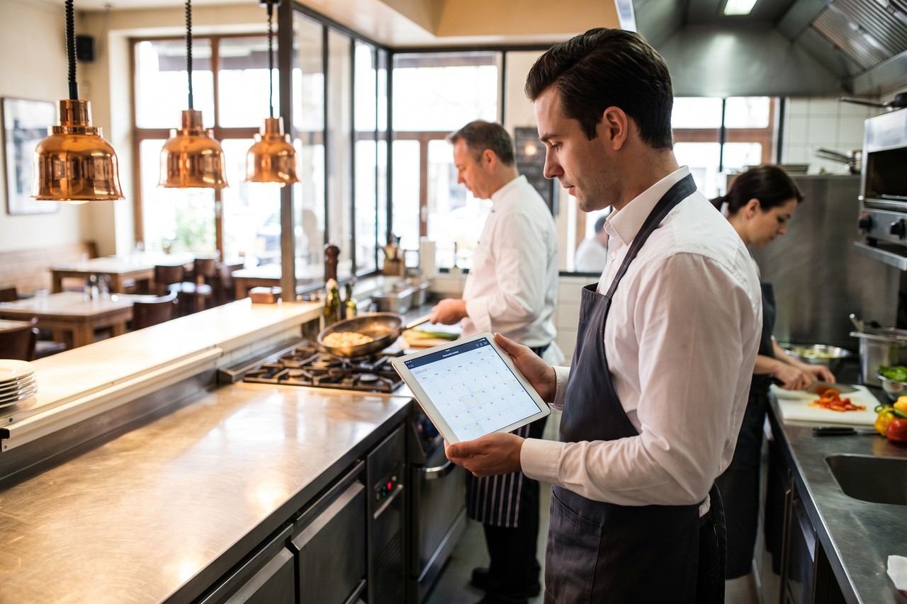 Cameriere consulta su tablet il calendario prenotazioni collegato a WhatsApp Business in cucina