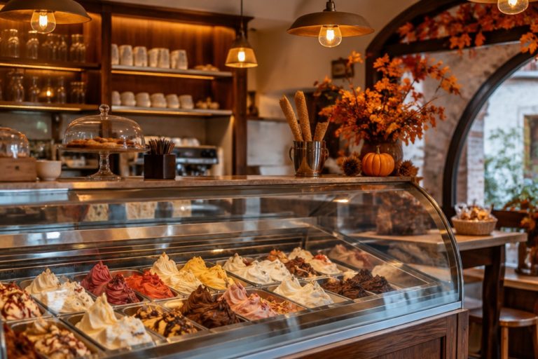 Vetrina di una gelateria artigianale italiana con vaschette di gelato colorate e luci calde
