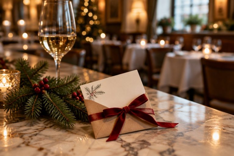 Gift card in busta artigianale con nastro rosso sul bancone di un ristorante durante il periodo natalizio