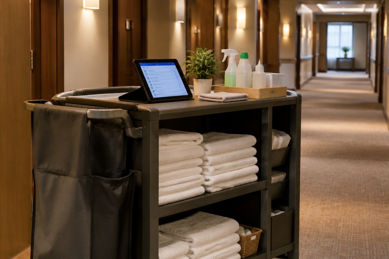Carrello del servizio housekeeping con asciugamani piegati e prodotti di pulizia in un corridoio d'albergo