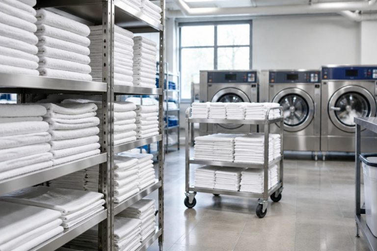 Lavanderia professionale di un hotel con asciugamani e lenzuola bianche ordinate sugli scaffali