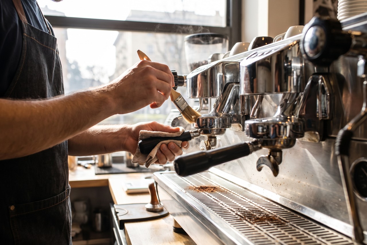 Barista che pulisce il gruppo erogazione di una macchina espresso professionale in un bar