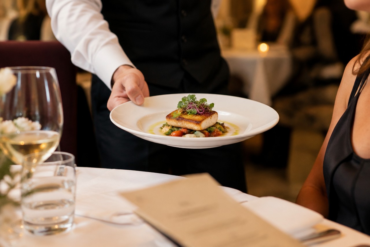 Cameriere presenta al cliente un piatto di punta con la carta del menu in primo piano
