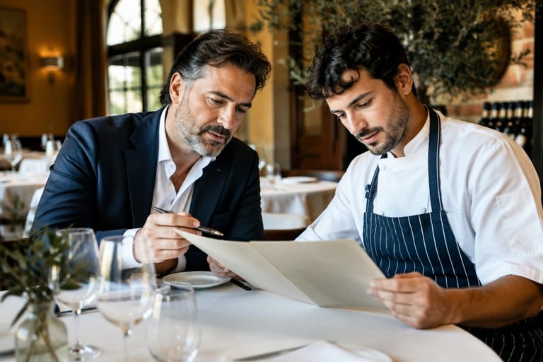 Titolare e chef analizzano insieme il menu stampato prima del servizio in un ristorante italiano