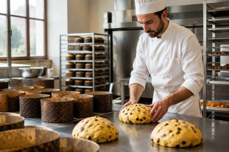 Pasticcere al lavoro in un laboratorio professionale su impasti di panettone artigianale