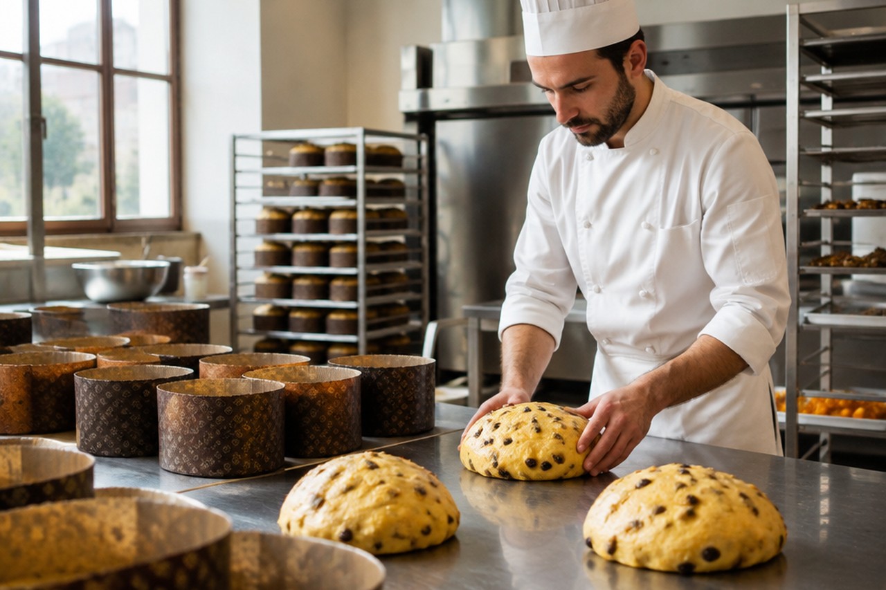 Pasticcere al lavoro in un laboratorio professionale su impasti di panettone artigianale