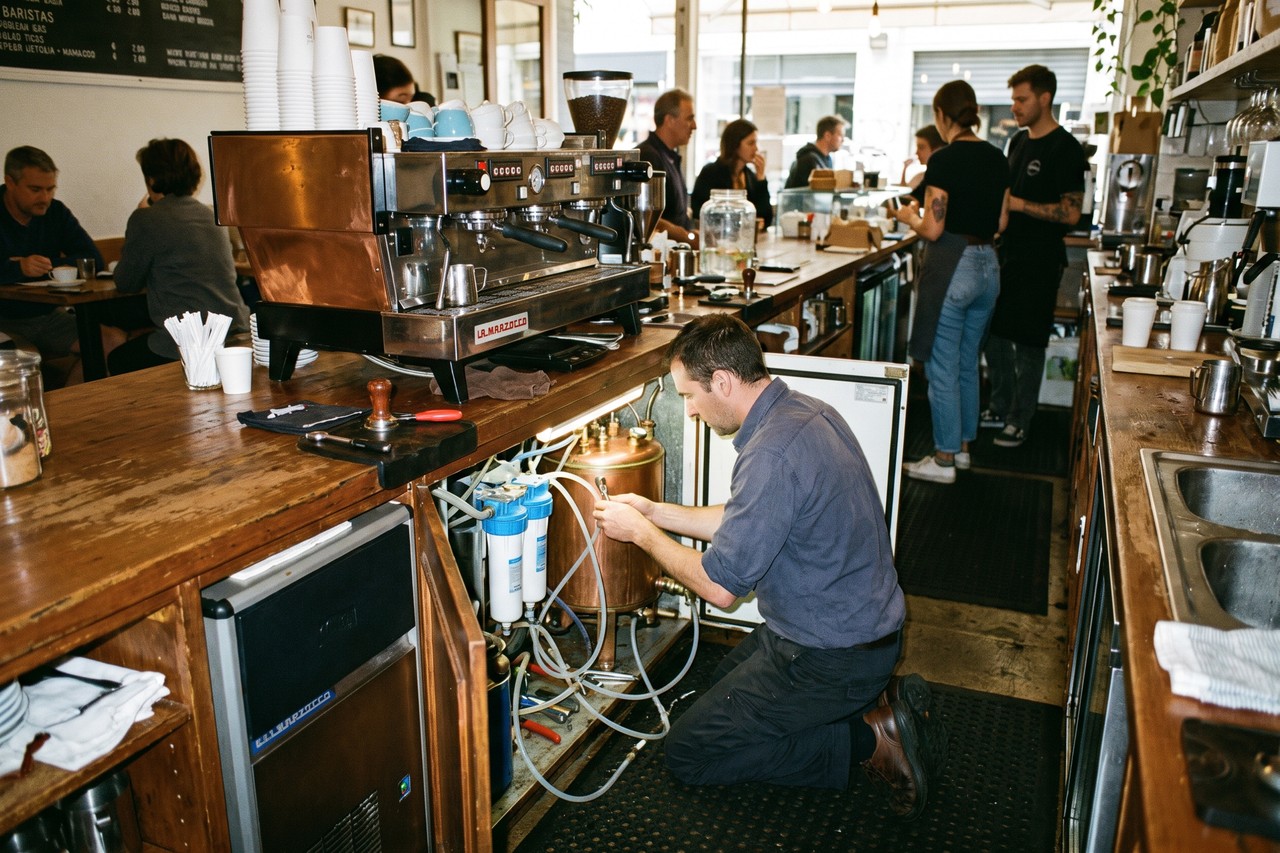 Tecnico che controlla filtro e caldaia di una macchina espresso professionale sotto il banco del bar