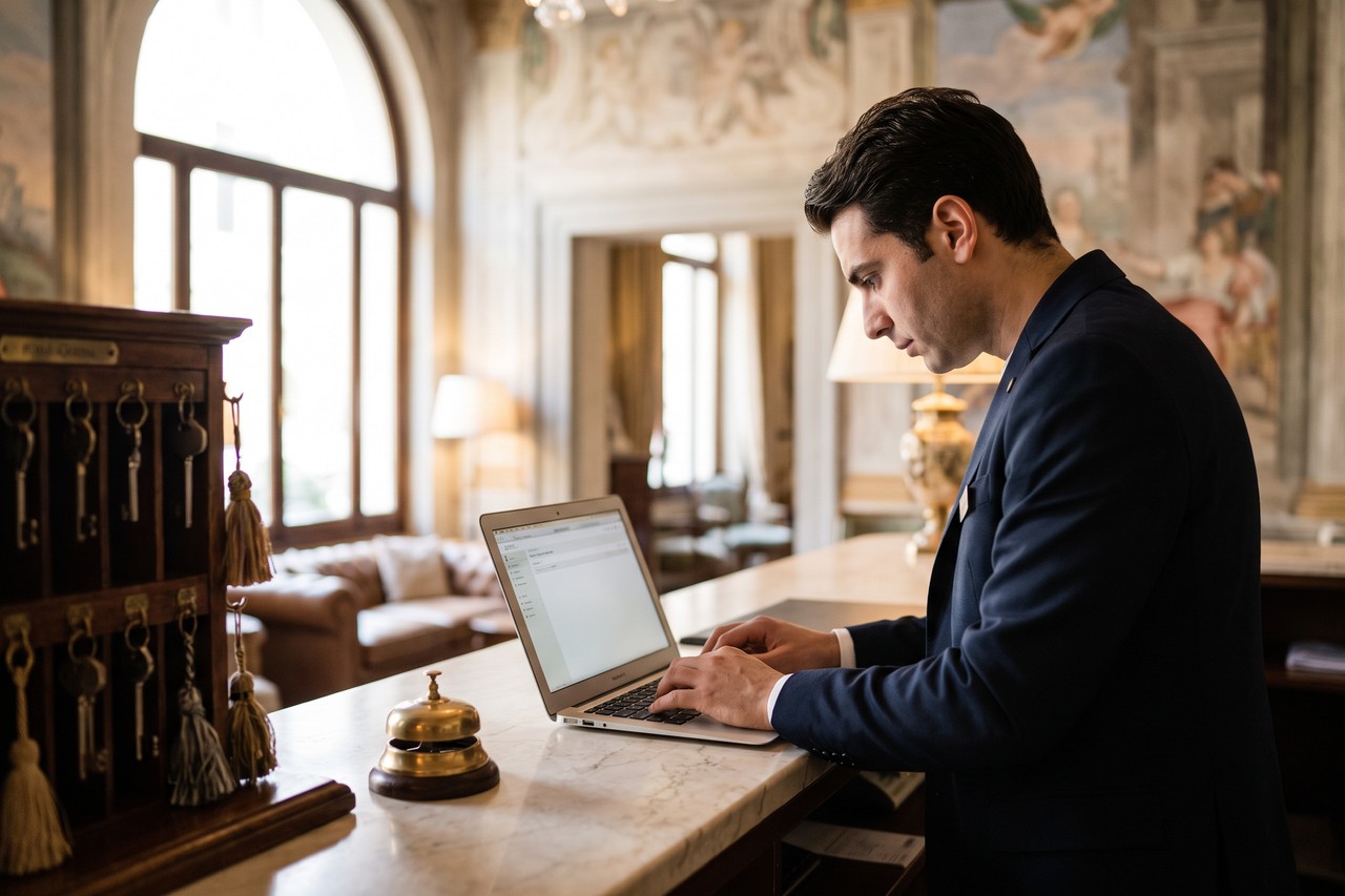 Receptionist di un hotel italiano che scrive una risposta a una recensione online dal portatile