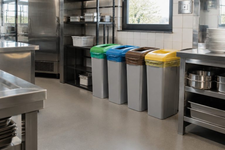 Contenitori colorati per la raccolta differenziata nell'area retrocucina di un ristorante